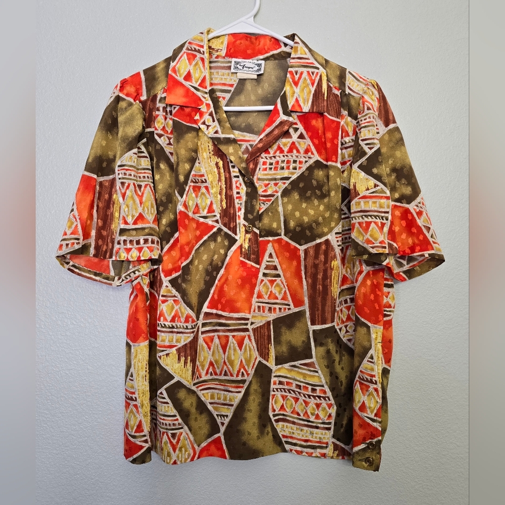 Frayne Women's Vintage Shortsleeve Shirt Tribal Hawaiian Theme Size 16